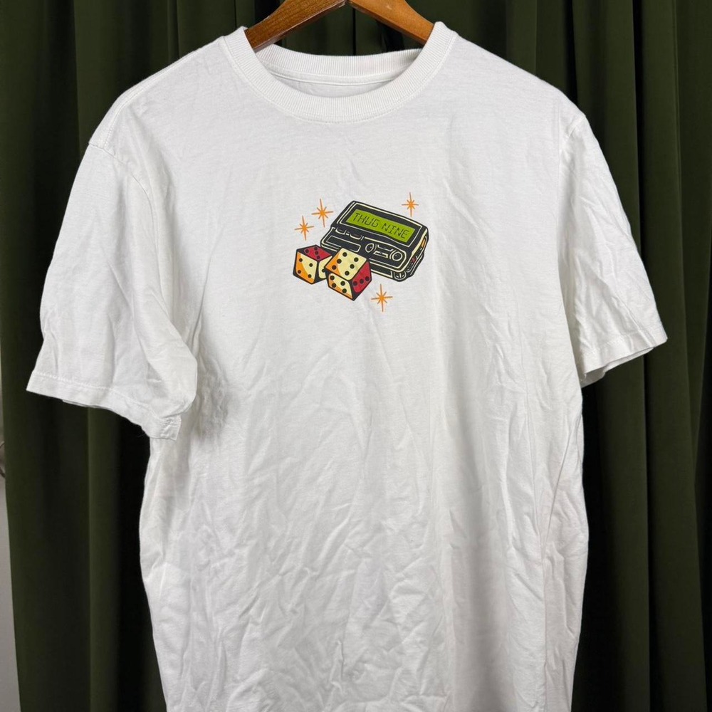 Thug Nine Retro Graphic T-Shirt Mens White Pager Dice Streetwear Size M